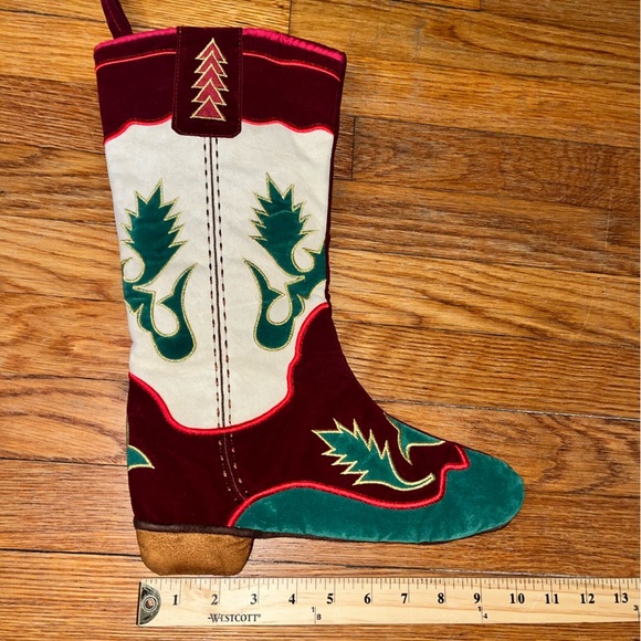 Western velvet cowboy boot Christmas stocking country Holiday decor cowgirl EUC - Picture 4 of 6